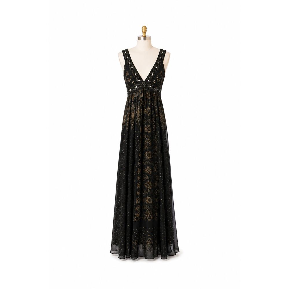 Free People Candela Embellished Mirror Maxi Dress Boho Festival Black Gold Sz 2 - Picture 1 of 11
